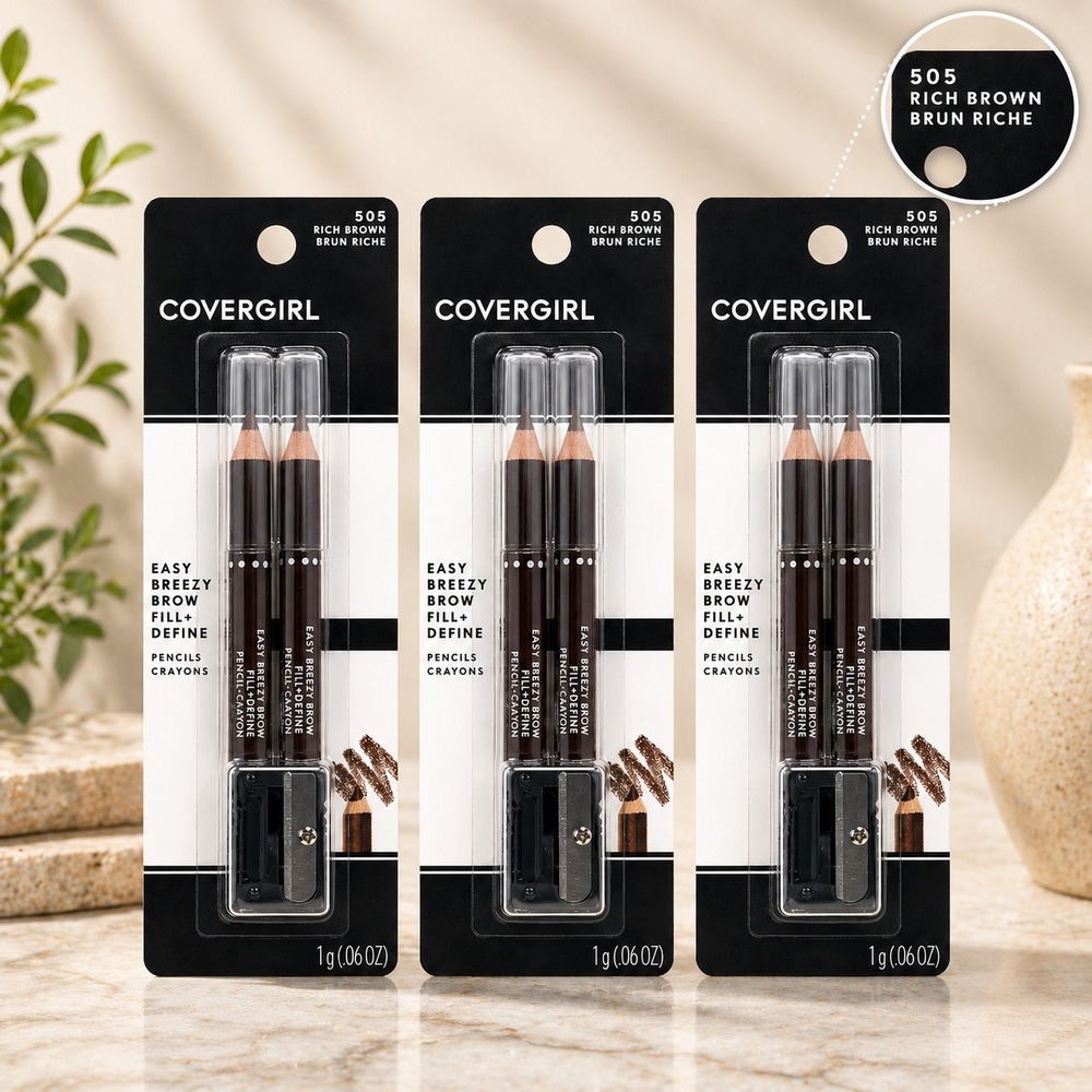 3pk Covergirl Easy Breezy Brow Fill Define Pencils 505 Rich Brown with Sharpener
